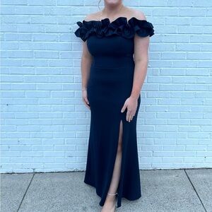 XSCAPE Navy Blue off the shoulder prom/formal dress